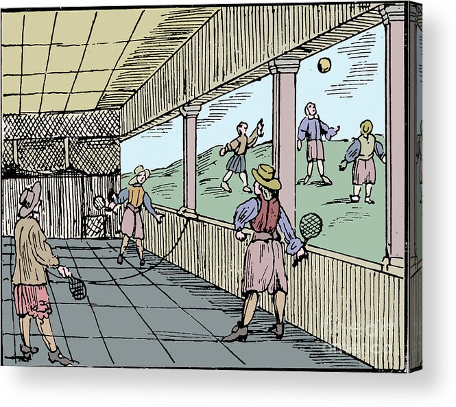 Tennis Acrylic Print featuring the drawing Young Men Playing A Form Of Tennis 16th by Print Collector
