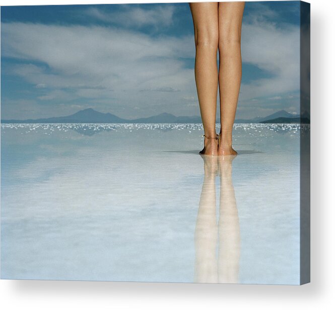 Mystery Acrylic Print featuring the photograph Young Woman Standing On Salt Flat, Low by Matthias Clamer