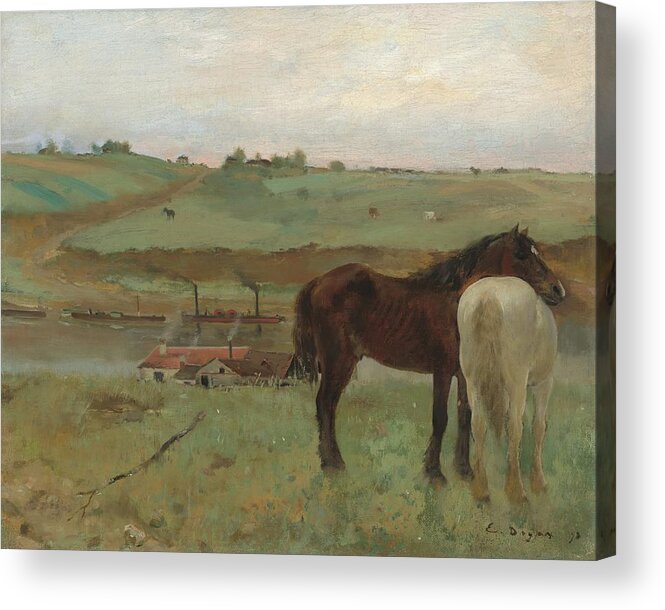 Horses Acrylic Print featuring the painting Horses in a Meadow #1 by Edgar Degas