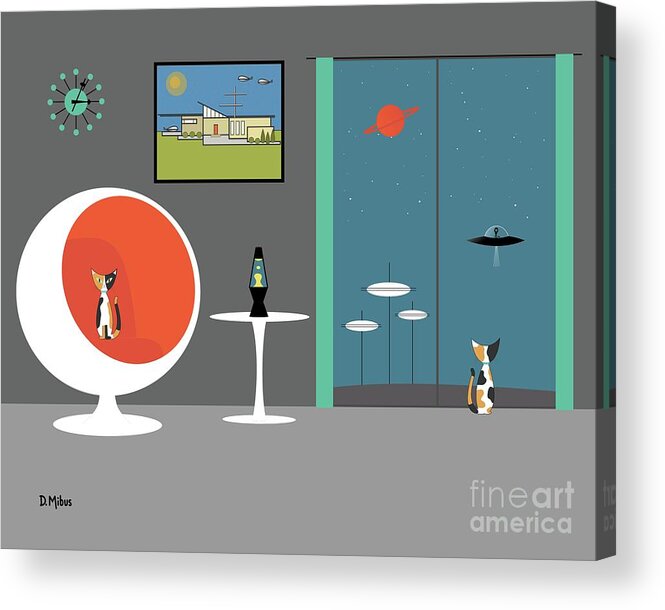 Mid Century Modern Acrylic Print featuring the digital art Mid Century Cat Spies Flying Saucer by Donna Mibus
