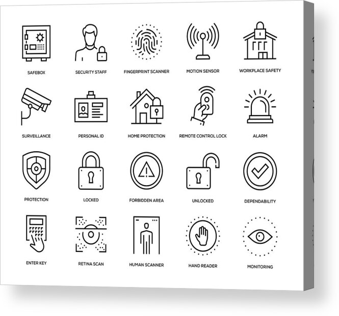 Fingerprint Scanner Acrylic Print featuring the drawing Security Icon Set #1 by Enis Aksoy
