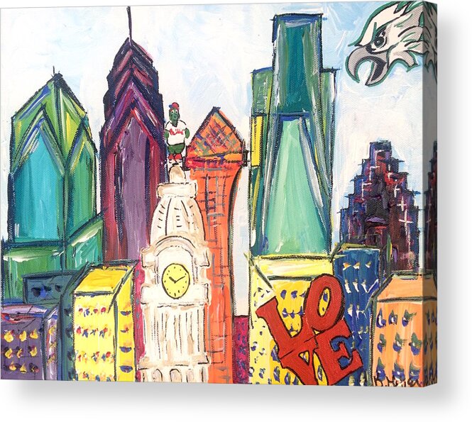 Philly Acrylic Print featuring the painting Philadelphia Skyline with Eagles by Britt Miller