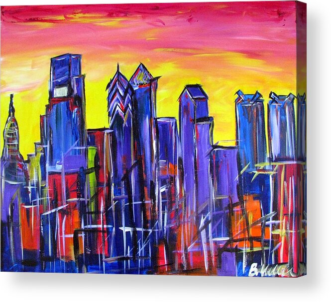Philly Acrylic Print featuring the painting Philly Skyline Sunset by Britt Miller
