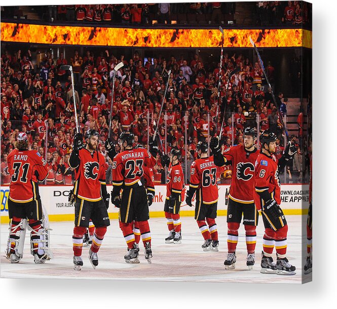 Playoffs Acrylic Print featuring the photograph Vancouver Canucks v Calgary Flames - Game Three #2 by Derek Leung
