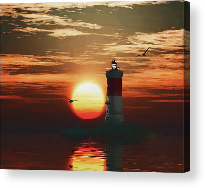 Sky Acrylic Print featuring the painting Pierres Noires Lighthouse with a sunset #3 by Jan Keteleer