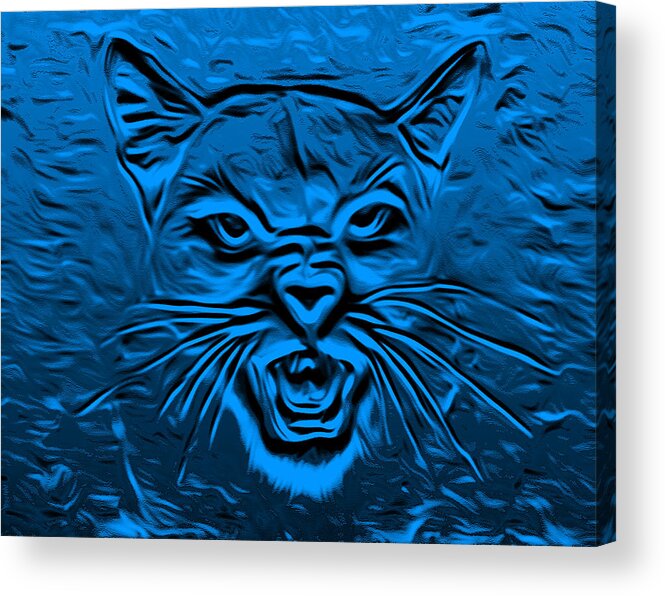 Digital Cougar Acrylic Print featuring the digital art A Cougar's Growl Blue by Ronald Mills