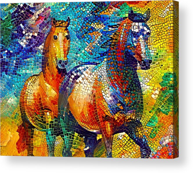 Horse Walking Acrylic Print featuring the digital art A couple of horses walking - colorful mosaic by Nicko Prints