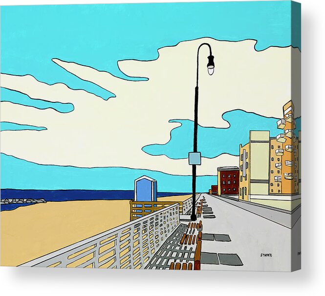Long Beach Boardwalk Long Island Ocean Sand New York Beach Acrylic Print featuring the painting A Long Beach Morning by Mike Stanko