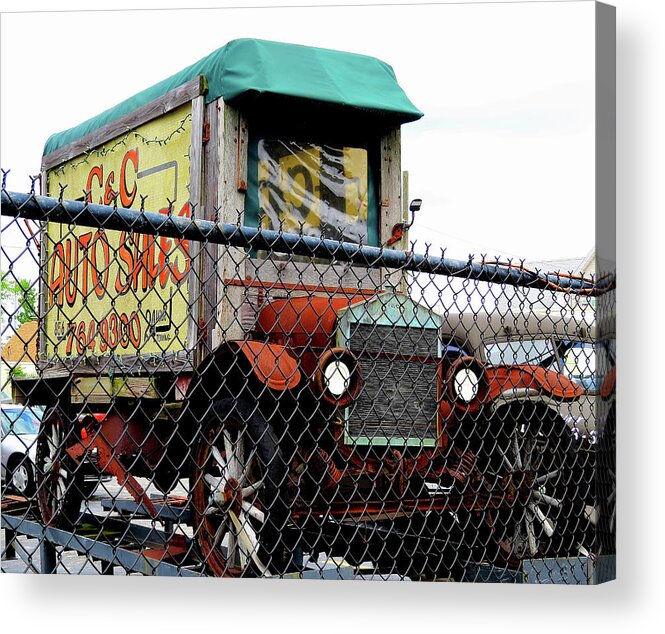 Antique Trucks Acrylic Print featuring the photograph Antique Truck Advertising Sign for Classic Auto Sales Lot by Linda Stern
