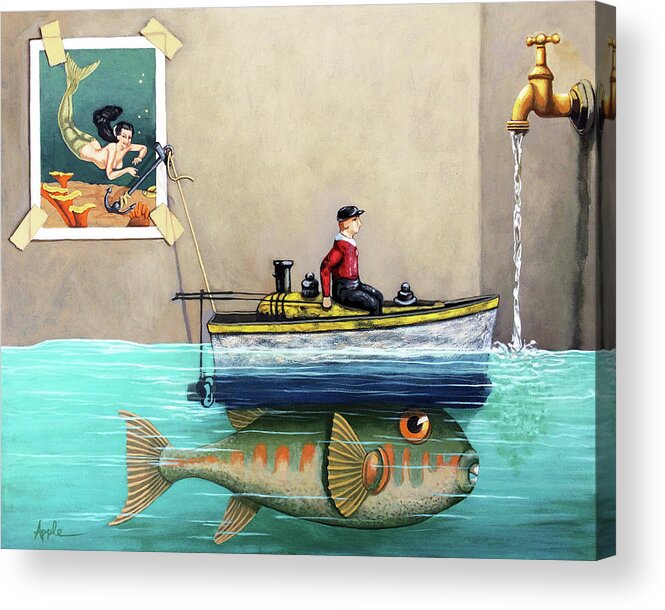 Fisherman Acrylic Print featuring the painting Anyfin Is Possible - Fisherman toy boat and Mermaid still life painting by Linda Apple