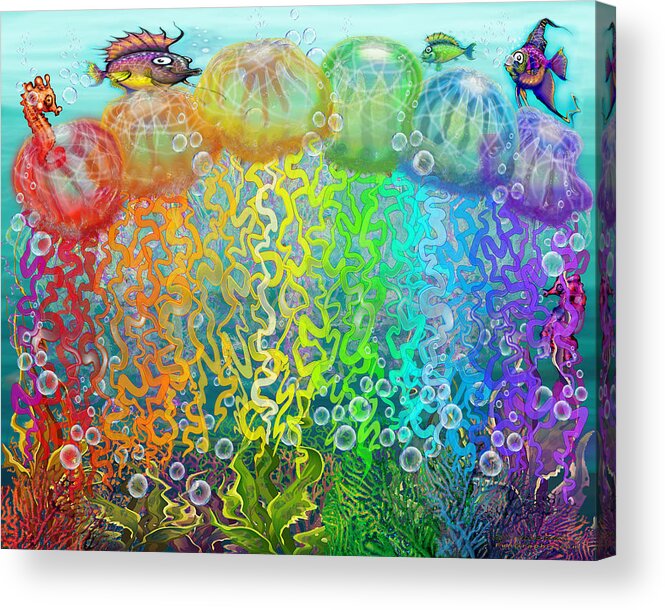 Aquatic Acrylic Print featuring the digital art Aqua Jellyfish Rainbow Fantasy by Kevin Middleton