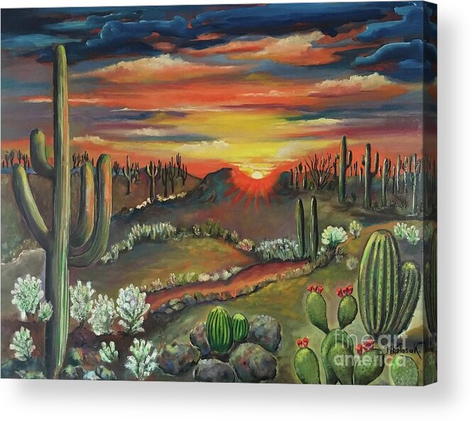 Arizona Desert Sunset Oil Painting By Maria Karlosak . Beautiful Saguaro Acrylic Print featuring the painting Arizona desert by Maria Karlosak