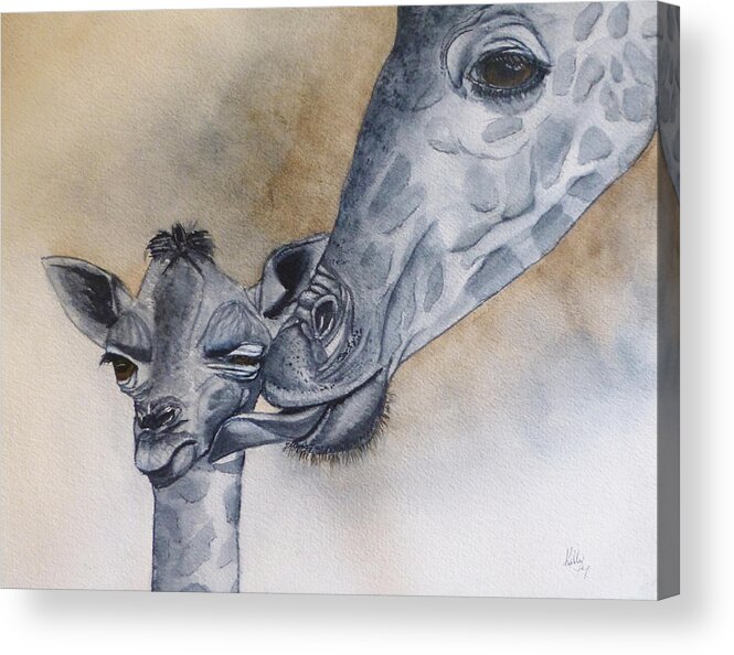 Giraffes Acrylic Print featuring the painting Baby Giraffe and Mama by Kelly Mills