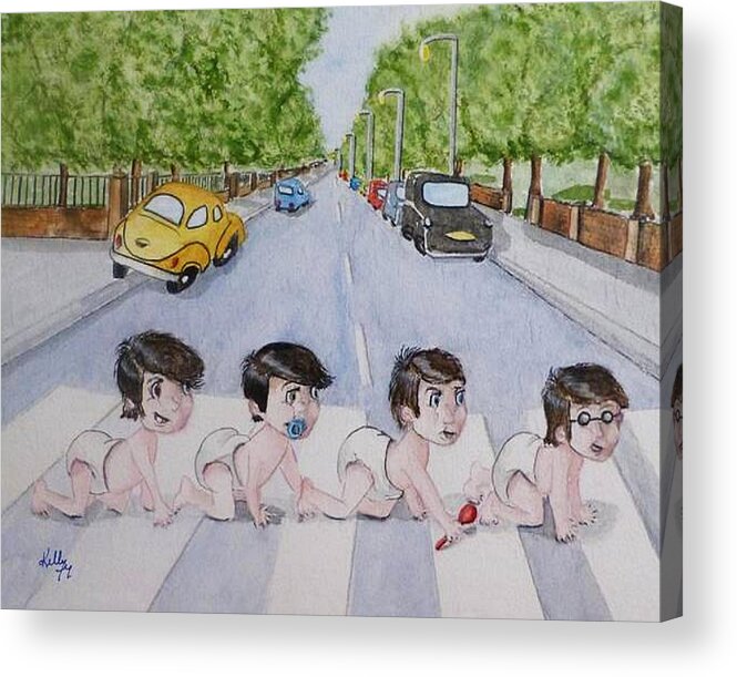 Beatles Acrylic Print featuring the painting Beatles Abbey Road .... Babies by Kelly Mills