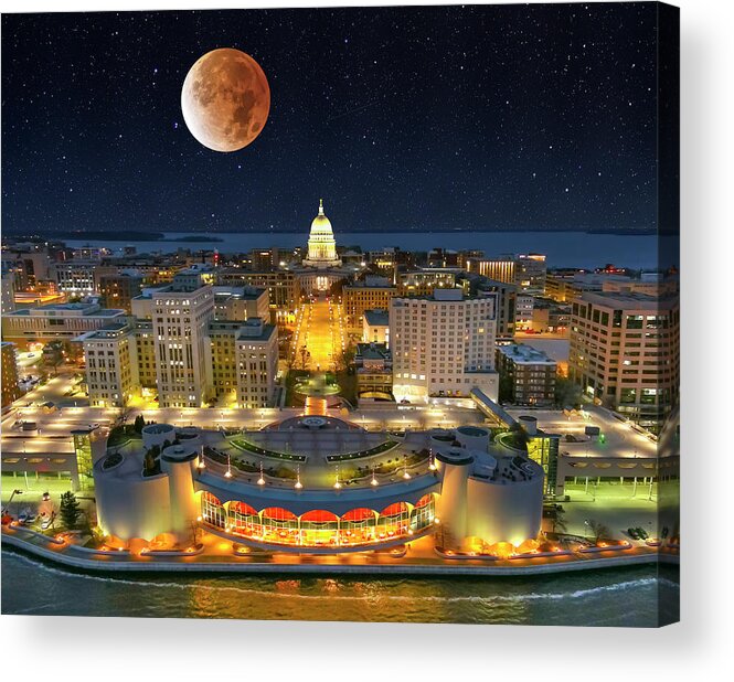 Beaver Moon Acrylic Print featuring the photograph Beaver Moon lunar eclipse over Wisconsin State Capitol Building by James Brey