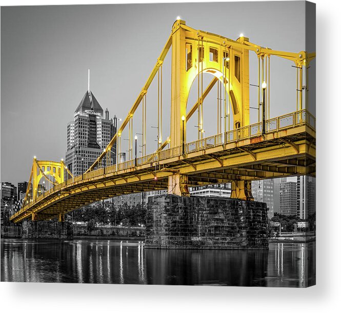 Pittsburgh Skyline Acrylic Print featuring the photograph Black and Gold Pittsburgh City View - Selective Color by Gregory Ballos