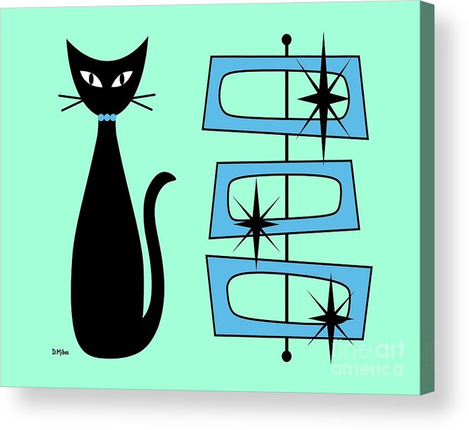 Mid Century Cat Acrylic Print featuring the digital art Black Cat with Mod Rectangles Aqua by Donna Mibus