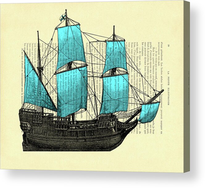 Sailing Ship Acrylic Print featuring the mixed media Blue Sailing Ship by Madame Memento