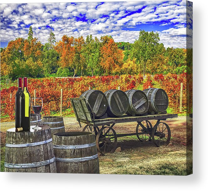 Barrels Acrylic Print featuring the photograph BOTTLES AND WINE BARRELS, California by Don Schimmel