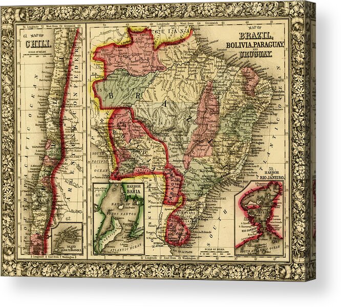 South America Acrylic Print featuring the drawing Brazil, Bolivia, Paraguay, Uruguay, Chili 1870 by Vintage Maps