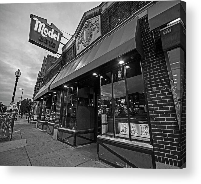 Allston Acrylic Print featuring the photograph Brighton Ave Packard's Corner Allston MA Model Cafe Black and White by Toby McGuire