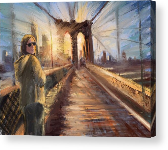Brooklyn Acrylic Print featuring the painting Brooklyn Bridge Sunset by Larry Whitler