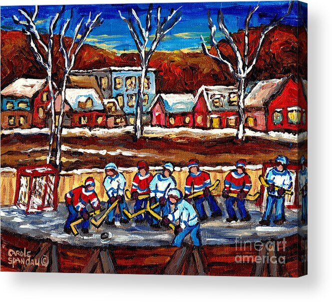 Hockey Acrylic Print featuring the painting Canadian Village Scene Outdoor Hockey Rink Handpainted Original Art For Sale C Spandau Winter Scenes by Carole Spandau