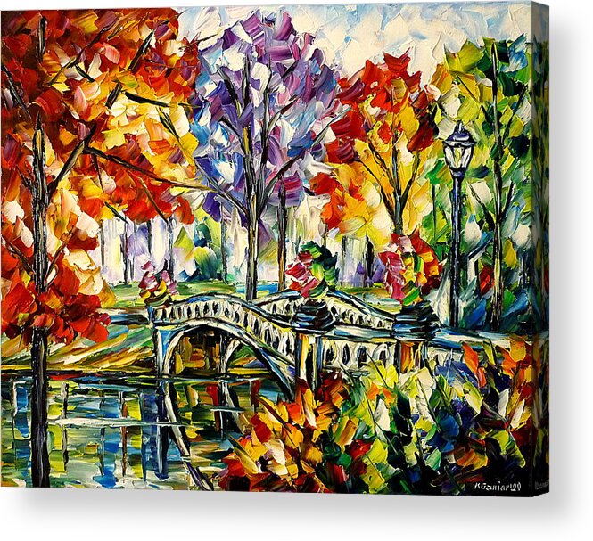 Colorful Cityscape Acrylic Print featuring the painting Central Park, Bow Bridge by Mirek Kuzniar