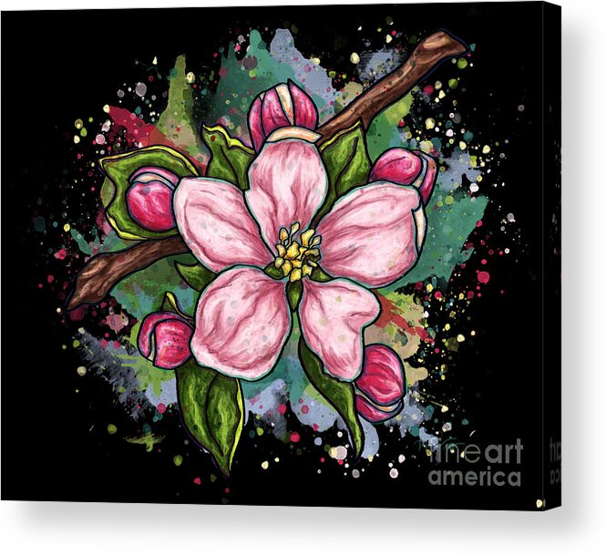Flower Acrylic Print featuring the painting Cherry blossom painting on black background, pink flower art by Nadia CHEVREL