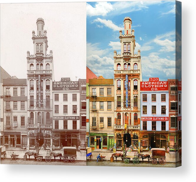 Philadelphia Acrylic Print featuring the photograph City - Philadelphia, PA - Bennett's Tower Hall Clothing Bazaar 1898 - Side by Side by Mike Savad