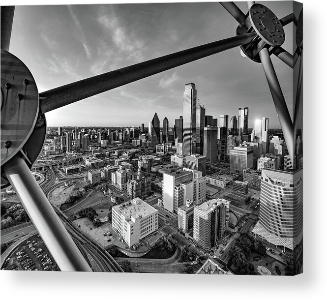 Dallas Skyline Acrylic Print featuring the photograph Dallas Skyline Through Reunion Tower at Sunset - BW Grayscale by Gregory Ballos