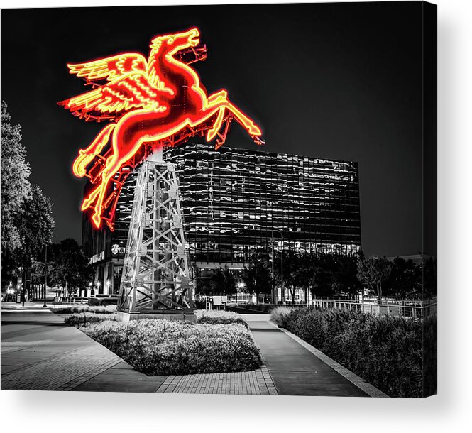 Dallas Skyline Acrylic Print featuring the photograph Dallas Texas Selectively Colored Red Pegasus Rising by Gregory Ballos
