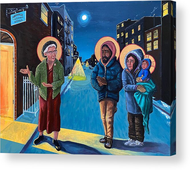 Night Acrylic Print featuring the painting Dorothy Day and The Holy Family of the Streets by Kelly Latimore