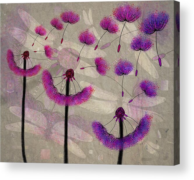 Dandelion Acrylic Print featuring the drawing Dragonflies And Dandelions Three Pink And Purple by Joan Stratton