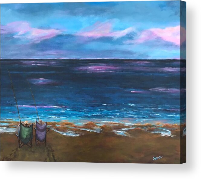 Pink Sky Acrylic Print featuring the painting Early Morning Surf Fishing by Deborah Naves