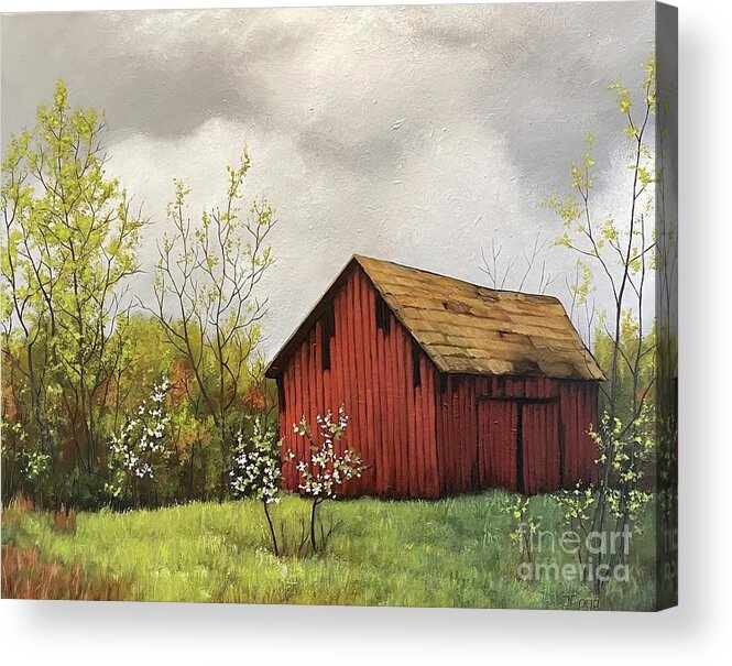 Red Barn Acrylic Print featuring the painting Early spring with red barn by Inese Poga