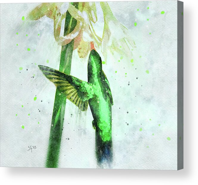 Hummingbird Acrylic Print featuring the digital art Emerald Green Hummingbird Watercolor Wildlife Painting by Shelli Fitzpatrick