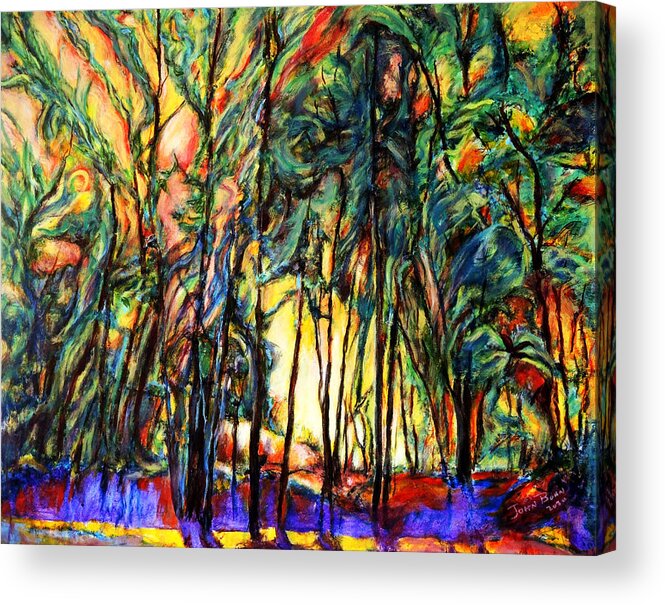 Acrylic Painting Enchanted Forest Sunset Scene Abstract Landscape Acrylic Print featuring the painting Enchanted Forest by John Bohn