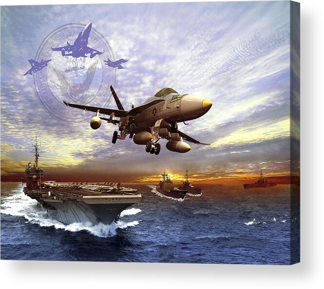 Taking Off Acrylic Print featuring the drawing F/A-18 Hornet taking off of a U.S. Navy aircraft carrier. by Kurt Miller/Stocktrek Images