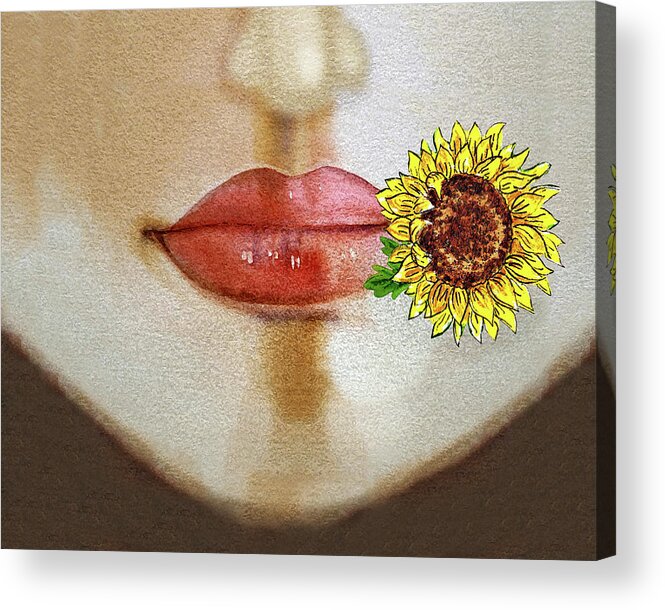 Face Mask Acrylic Print featuring the painting Face With Lips Nose And Sunflower Flower Watercolor by Irina Sztukowski