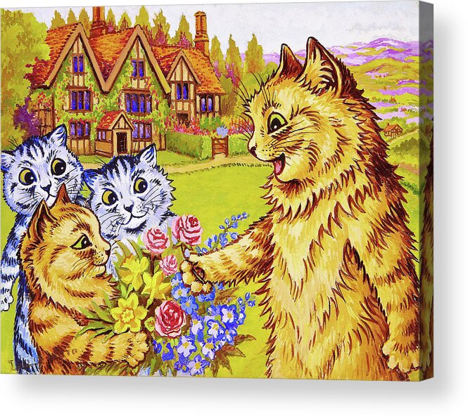 Family Of Cats In The Garden Acrylic Print featuring the painting Family Of Cats In The Garden - Digital Remastered Edition by Louis Wain