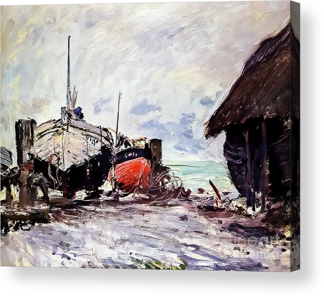 Fishing Acrylic Print featuring the painting Fishing Boats at Etretat by Claude Monet 1873 by Claude Monet