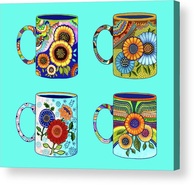 Coffee Cup Acrylic Print featuring the drawing Four Flower Coffee Cups/Mugs, Mexican Style, on Blue by Lorena Cassady