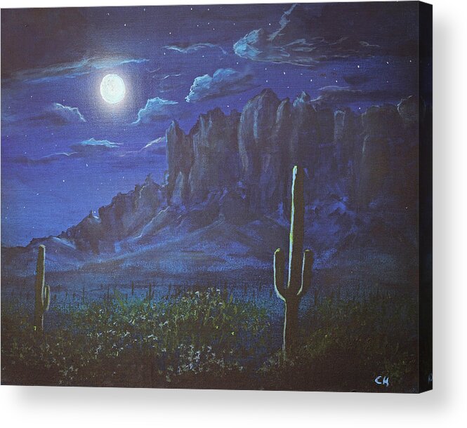 Superstition Mountains Acrylic Print featuring the painting Full Moon over the Superstition Mountains, Arizona by Chance Kafka