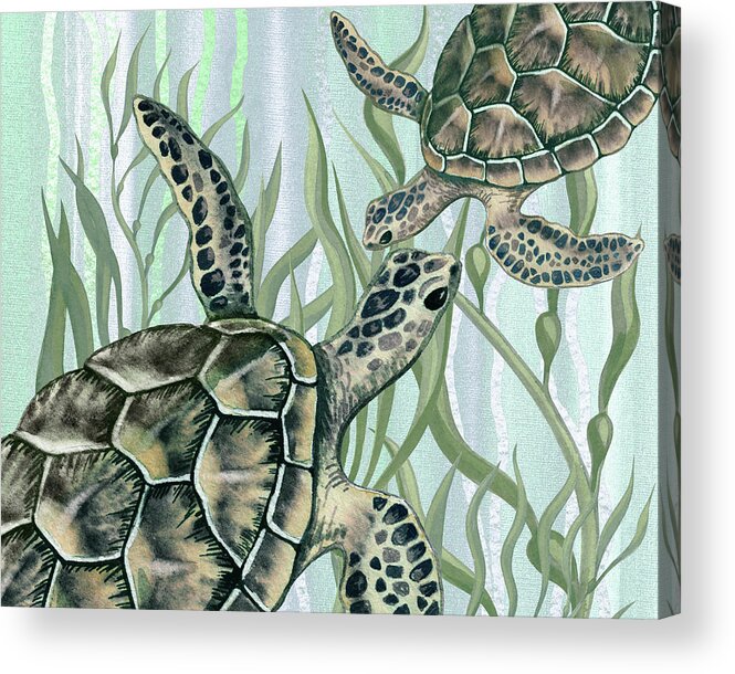 Art For Beach House Decor Ocean Seaweed Giant Turtle Swimming Acrylic Print featuring the painting Giant Turtles Swimming In The Seaweed Under The Ocean Watercolor Painting IV by Irina Sztukowski