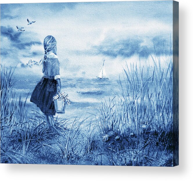 Girl And Ocean Acrylic Print featuring the painting Girl And Ocean Watercolor Painting In Ultramarine Blue by Irina Sztukowski