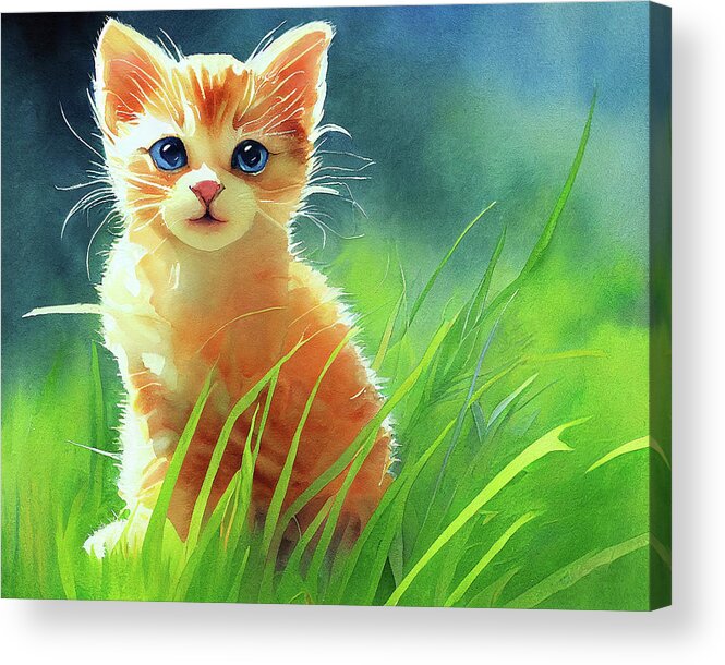 Kittens Acrylic Print featuring the digital art Good Times - Kitten In The Grass by Mark Tisdale