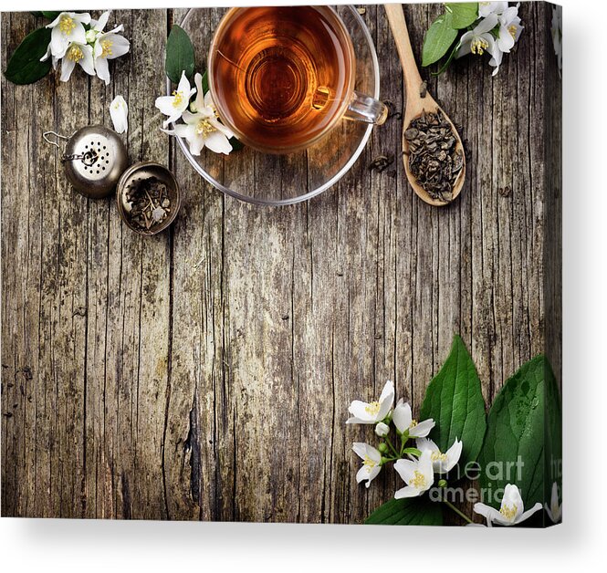 Tea Acrylic Print featuring the photograph Green and jasmine tea from above by Jelena Jovanovic