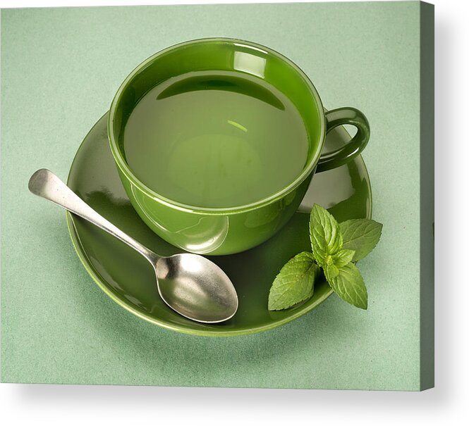 Spoon Acrylic Print featuring the photograph Green Tea On Green Background by ATU Images