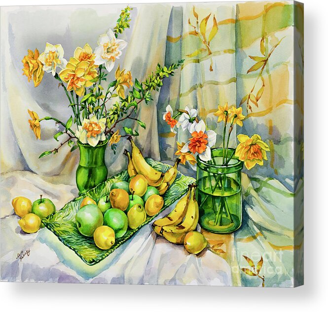 Green Acrylic Print featuring the painting Green Yellow Still Life with Daffodils by Maria Rabinky